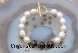 CFB981 Hand-knotted 9mm - 10mm rice white freshwater pearl & mixed tiger eye bracelet