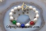 CFB998 Hand-knotted 9mm - 10mm rice white freshwater pearl & colorful candy jade bracelet