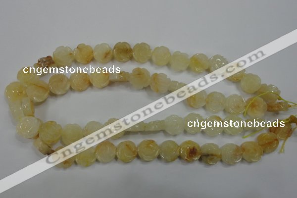 CFG882 15.5 inches 14mm carved flower yellow jade gemstone beads
