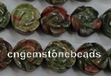 CFG891 15.5 inches 14mm carved flower unakite gemstone beads