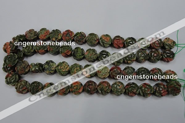 CFG891 15.5 inches 14mm carved flower unakite gemstone beads