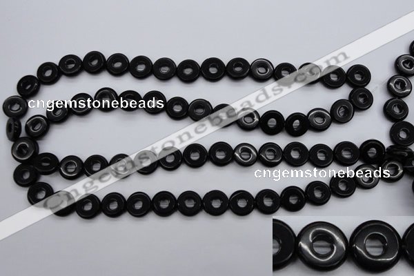 CFG903 15.5 inches 12mm carved coin donut black agate beads