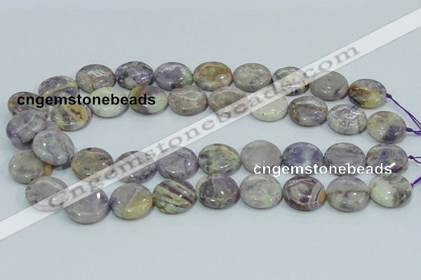 CFJ01 15.5 inches 20mm flat round natural purple flower stone beads