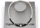 CFN121 potato white freshwater pearl & black lava necklace, 16 - 24 inches