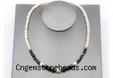 CFN127 potato white freshwater pearl & black banded agate necklace, 16 - 24 inches