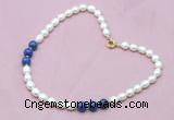 CFN305 Rice white freshwater pearl & lapis lazuli necklace, 16 - 24 inches