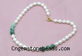 CFN309 Rice white freshwater pearl & green banded agate necklace, 16 - 24 inches