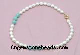 CFN314 9 - 10mm rice white freshwater pearl & amazonite necklace wholesale