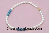 CFN315 9 - 10mm rice white freshwater pearl & apatite necklace wholesale