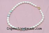 CFN318 9 - 10mm rice white freshwater pearl & morganite necklace wholesale