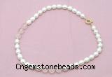 CFN322 9 - 10mm rice white freshwater pearl & rose quartz necklace wholesale