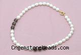 CFN323 9 - 10mm rice white freshwater pearl & smoky quartz necklace wholesale