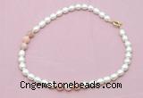 CFN324 9 - 10mm rice white freshwater pearl & pink opal necklace wholesale