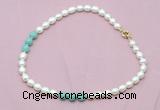 CFN325 9 - 10mm rice white freshwater pearl & amazonite necklace wholesale