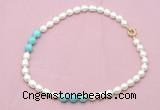 CFN326 9 - 10mm rice white freshwater pearl & blue howlite necklace wholesale