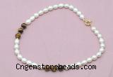 CFN328 9 - 10mm rice white freshwater pearl & yellow tiger eye necklace wholesale