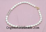 CFN331 9 - 10mm rice white freshwater pearl & white crystal necklace wholesale