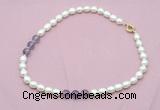 CFN332 9 - 10mm rice white freshwater pearl & amethyst necklace wholesale