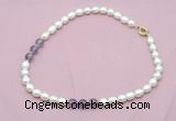 CFN332 9 - 10mm rice white freshwater pearl & amethyst necklace wholesale