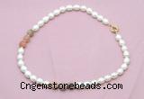 CFN337 9 - 10mm rice white freshwater pearl & rainbow moonstone necklace wholesale