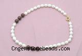 CFN340 9 - 10mm rice white freshwater pearl & mahogany obsidian necklace wholesale