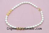 CFN342 9 - 10mm rice white freshwater pearl & honey jade necklace wholesale