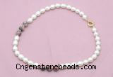 CFN345 9 - 10mm rice white freshwater pearl & rhodonite necklace wholesale