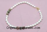 CFN347 9 - 10mm rice white freshwater pearl & unakite necklace wholesale