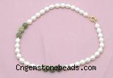 CFN348 9 - 10mm rice white freshwater pearl & China jade necklace wholesale