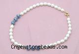 CFN350 9 - 10mm rice white freshwater pearl & blue spot stone necklace wholesale