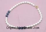 CFN351 9 - 10mm rice white freshwater pearl & dumortierite necklace wholesale