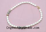 CFN357 9 - 10mm rice white freshwater pearl & serpentine jasper necklace wholesale