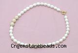 CFN359 9 - 10mm rice white freshwater pearl & white fossil jasper necklace wholesale