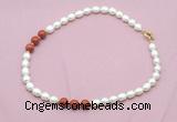 CFN361 9 - 10mm rice white freshwater pearl & red jasper necklace wholesale