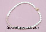 CFN414 9 - 10mm rice white freshwater pearl & rose quartz necklace