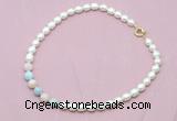 CFN415 9 - 10mm rice white freshwater pearl & morganite necklace