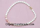 CFN417 9 - 10mm rice white freshwater pearl & pink opal necklace