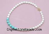 CFN422 9 - 10mm rice white freshwater pearl & blue howlite necklace wholesale