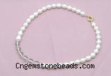 CFN431 9 - 10mm rice white freshwater pearl & white crystal necklace