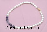 CFN433 9 - 10mm rice white freshwater pearl & dogtooth amethyst necklace