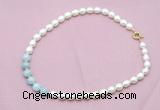 CFN435 9 - 10mm rice white freshwater pearl & aquamarine gemstone necklace