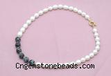 CFN439 9 - 10mm rice white freshwater pearl & snowflake obsidian necklace