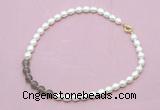 CFN443 9 - 10mm rice white freshwater pearl & grey agate gemstone necklace