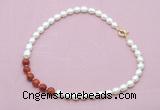 CFN444 9 - 10mm rice white freshwater pearl & red banded agate necklace