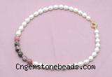 CFN445 9 - 10mm rice white freshwater pearl & rhodonite gemstone necklace