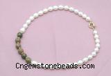 CFN447 9 - 10mm rice white freshwater pearl & unakite gemstone necklace