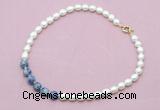 CFN450 9 - 10mm rice white freshwater pearl & blue spot stone necklace