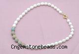 CFN457 9 - 10mm rice white freshwater pearl & serpentine jasper necklace