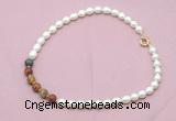 CFN460 9 - 10mm rice white freshwater pearl & picasso jasper necklace