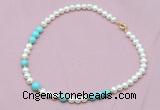 CFN519 9mm - 10mm potato white freshwater pearl & blue howlite necklace